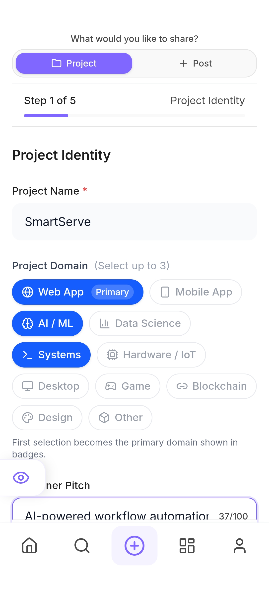 Project upload flow in the Ovuge app